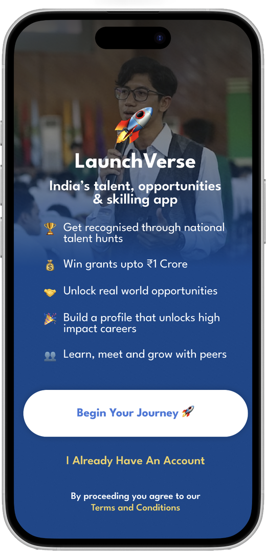 The LaunchVerse app welcome screen on a phone
