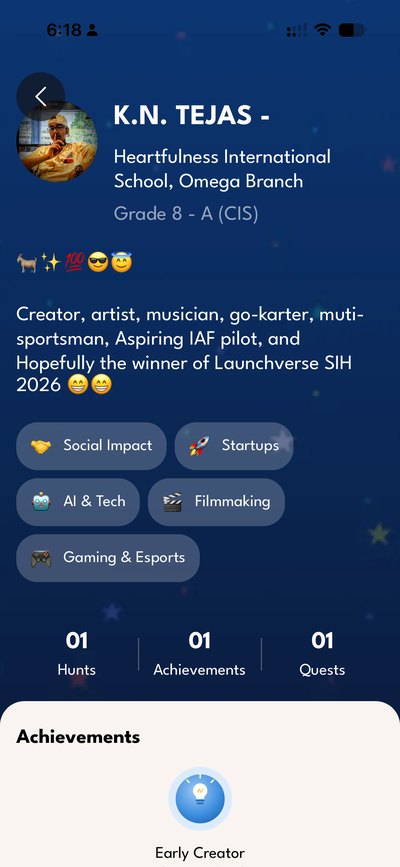 A LaunchVerse student profile with interests and achievements