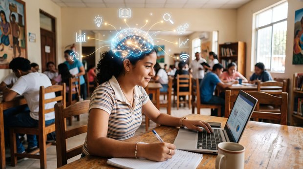 A student working on a laptop in a school library
